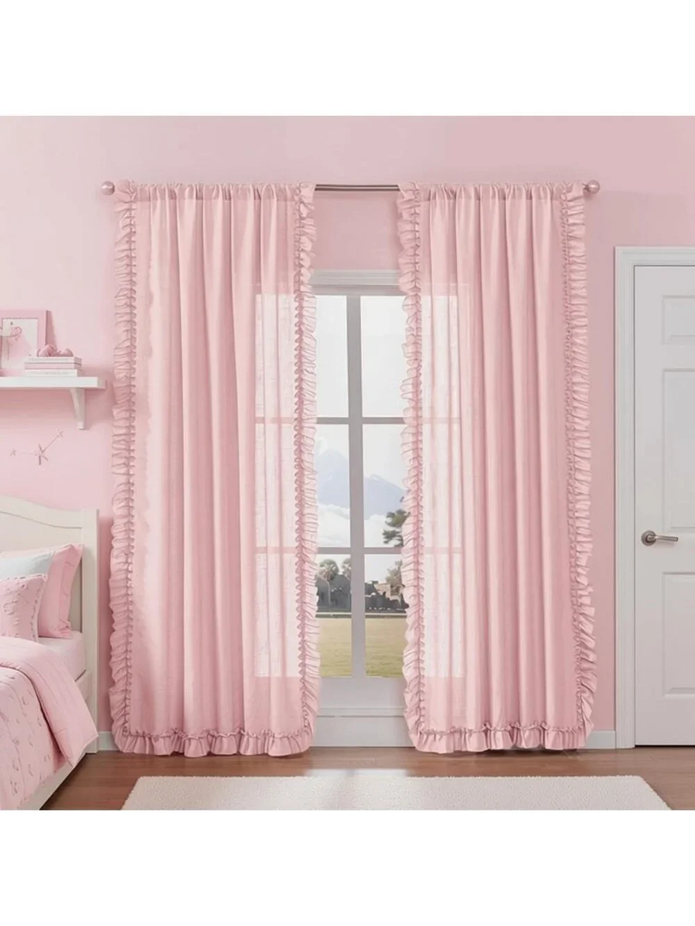 Blush Pink Ruffled Curtains, 47x84 Inch, 2 Panels, Rod Pocket, Farmhouse Decor